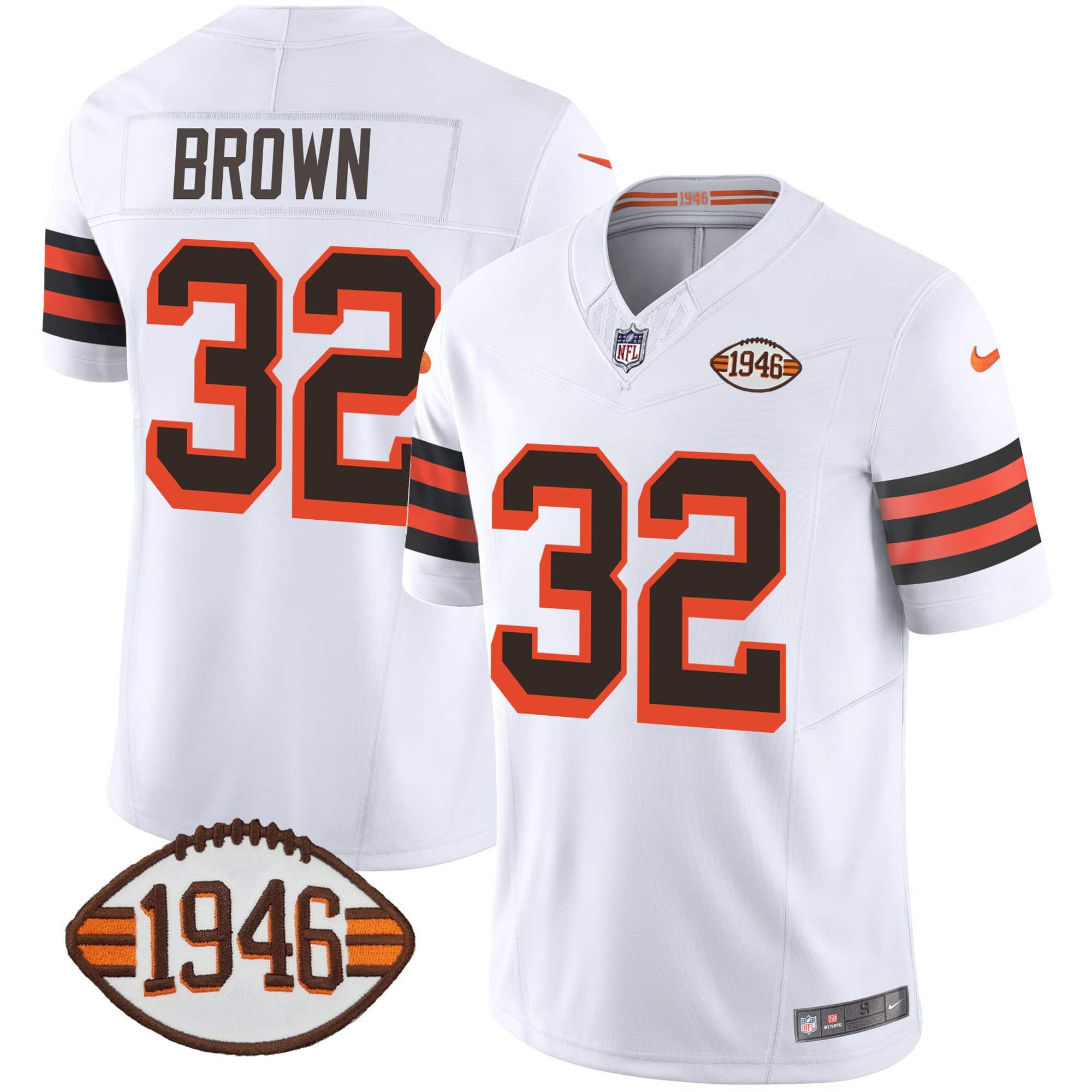 Men Cleveland Browns 32 Brown White 1946 75th Anniversary Patch 2024 Nike NFL Jersey
